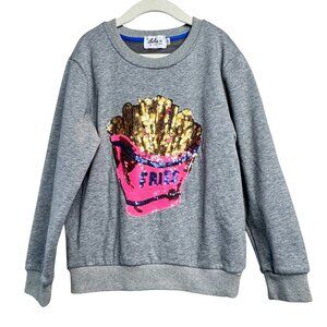 LOLA + THE BOYS Sequin Fries Sweatshirt Girls 8 Pink Gold Gray Cozy Girl Sweater